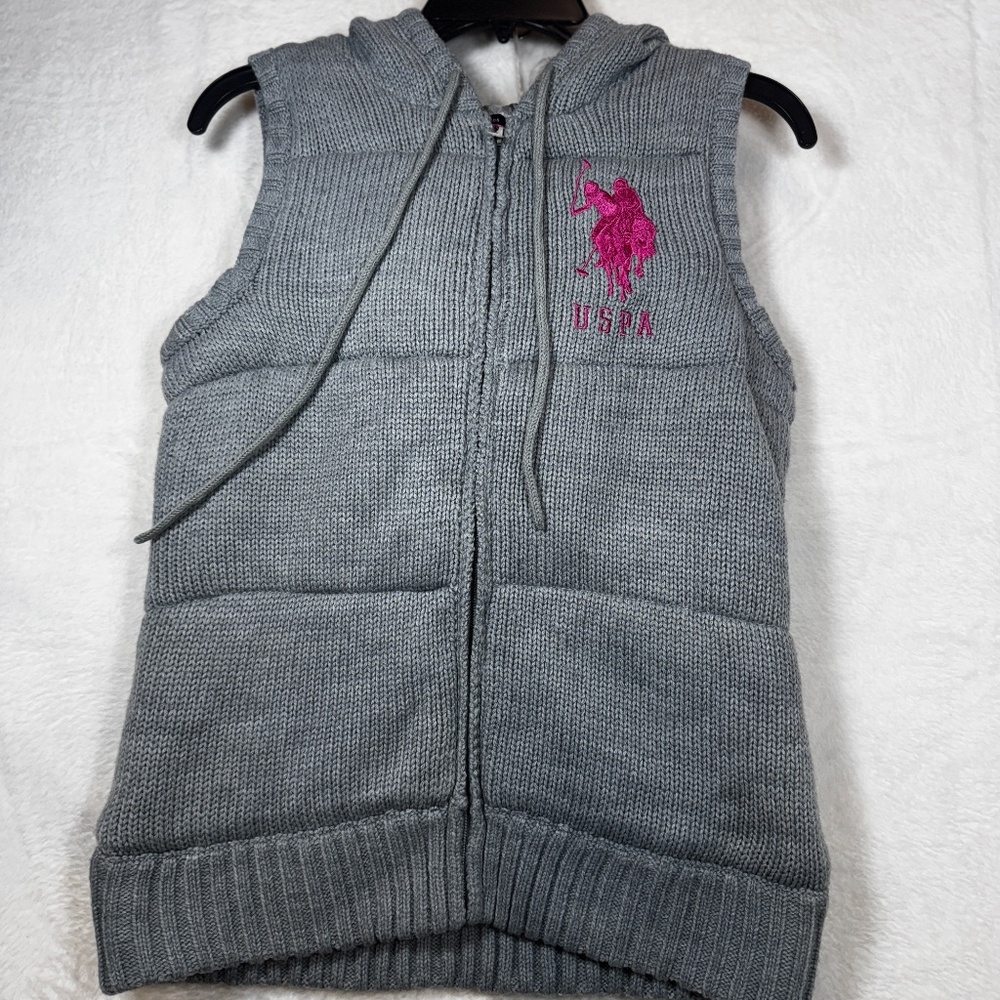US Polo Assn. Sweater Vest Womens Size Medium Gray Knit Hooded Cowgirl